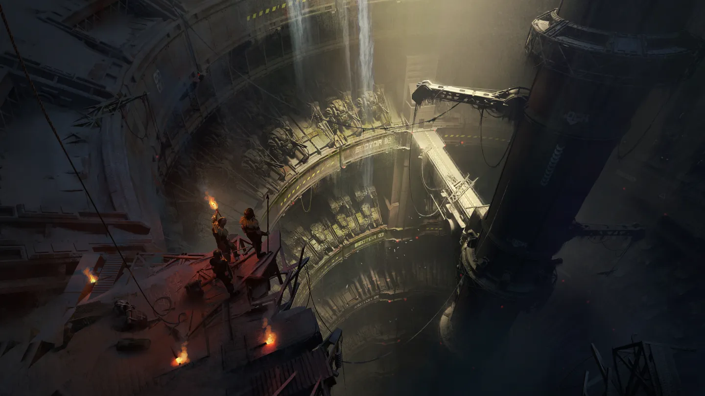 Explorers carrying torches descend into a vast buried pre-Fall industrial facility