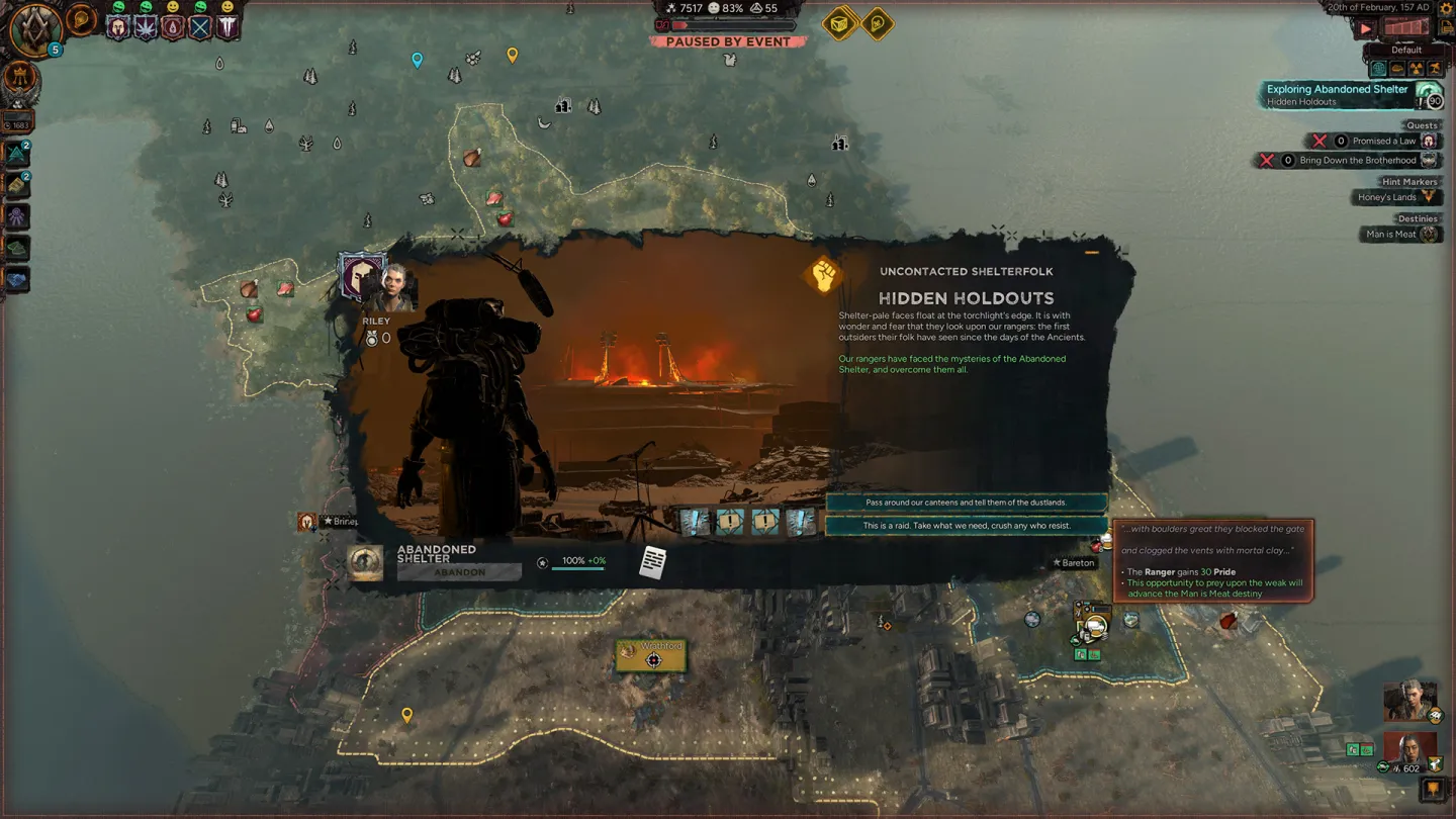 Afterworld's Needs panel overlays a wasteland map with health, inspiration, food, and water information