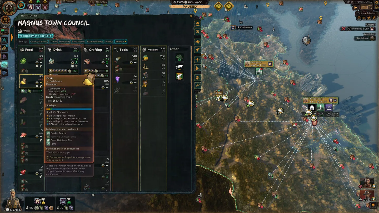 An Afterworld survivor band stands over a coastal territory map filled with settlements and routes